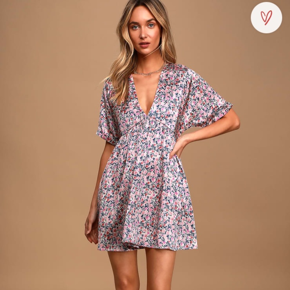 Pink Floral Print Satin Babydoll Dress, XS, NWT!